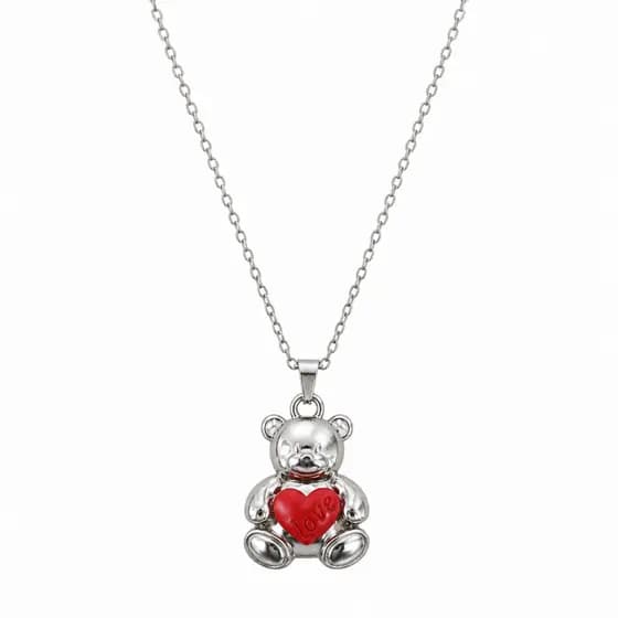 Colar Feminino Ursinho Love Coração Vermelho Aço Inox Delicado Presente Romântico