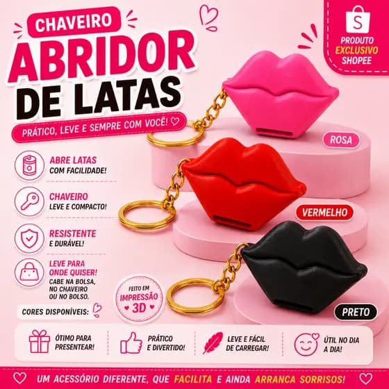 Chaveiro Abridor de Latas Formato Boca | Compacto e Resistente