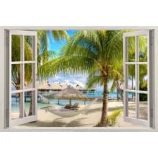 150x100 cm Adesivo Decoração Parede Praia Rede Relaxar - Imita Janela
