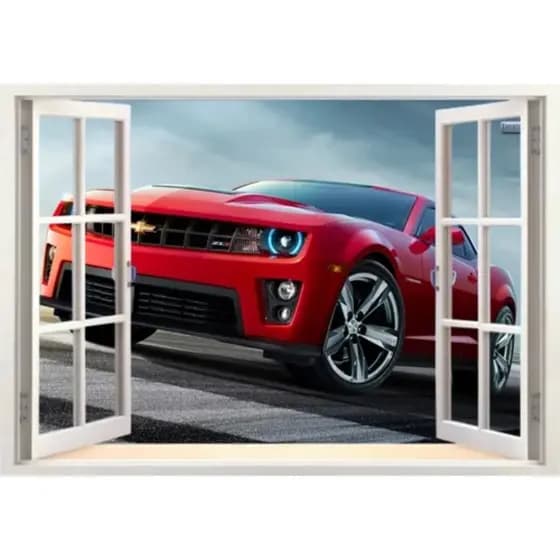 Adesivo De Parede Carro Camaro Turbinado Vermelho Imita Janela