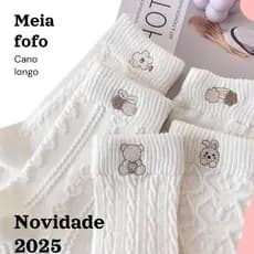 Kit meia feminina 35-40 fofo cano alto com textura desenho