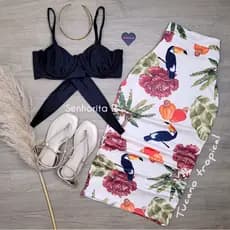 LANÇAMENTO Conjunto Saia Midi Cropped Top Aro Suplex Praiano Verão Moda Resort Estampado Borboletas Floral Tropical