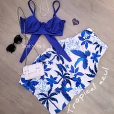 LANÇAMENTO Conjunto Paty Saia Midi Cropped Estampado Inspi Estampa tendência tropical azul rosa
