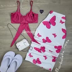 LANÇAMENTO Conjunto Saia e Cropped top Aro Estampado estampa borboleta rosa tropical verão moda paty feminina midi curto