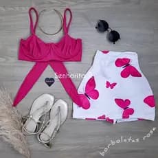 LANÇAMENTO Conjunto Short Saia Cropped Top Aro Estampado Estampa Borboletas Look