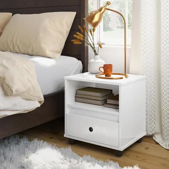 Mesa de Cabeceira Box com 1 Gaveta Prateleira Nicho