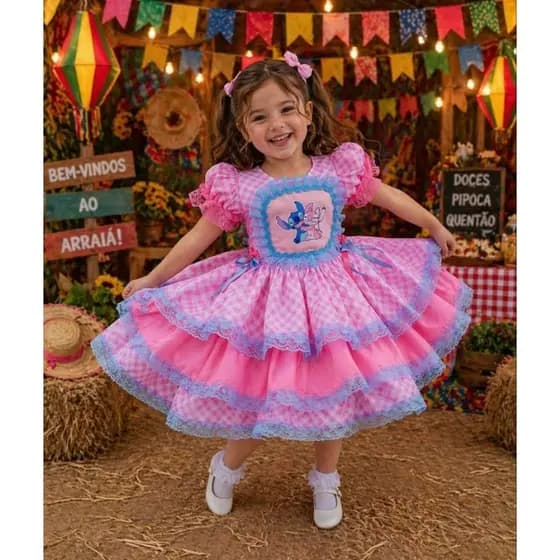 Vestido de festa junina caipira do stitch e angel VARIOS MODELOS, Vestido junino