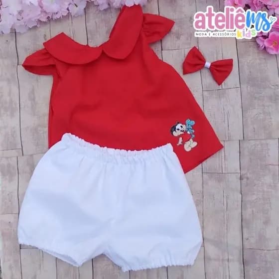 Conjunto Infantil Mônica Menina – Bata e Short Monica  + Laço de Brinde 🎀- Fantasia da Monica