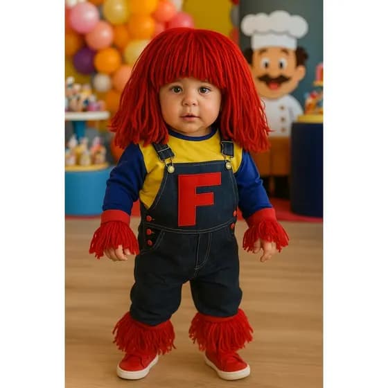 Fantasia Infantil do Fofão Completa – Blusa, Macacão Jeans, Peruca + Acessórios | Fantasia do fofão