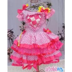 Vestido de festa junina xadrez rosa com laços neon