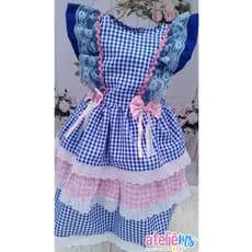 Vestido de festa junina xadrez azul e rosa