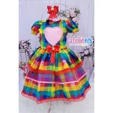 Vestido caipira de festa junina rodado com laço e xadrez colorido, vestido de são João