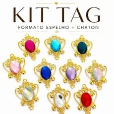 Kit Tag Metal Dourada Formato Espelho Realeza+Chaton Oval 18x25mm-Para Artesanato-Customização- Festa- LEIA A DESCRIÇÃO