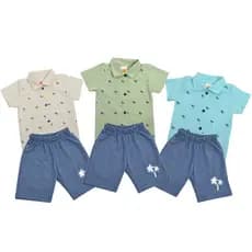 Camisa Social Menino Masculino Infantil Bebê Estampada com Botão Manga Curta Azul 2 Peças