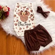 Kit body para bebê com shorts e faixa turbante minnie oncinha