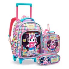 Kit Mochila Rodinha Infantil Feminina Lancheira Térmica Estojo Duplo Unicórnio Gamer Rosa Menina