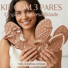 kit com 3 Pares de Sandálias Feminina Rasteirinha com Brilho Perolas Borboletas Antiderrapante