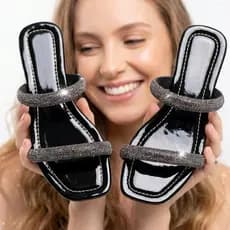 Rasteira Feminina Brilhante Promoção Conforto Premium Sandália Flat 2 Tiras Pedraria Varias Cores