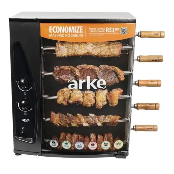 Churrasqueira a Gás Natural GN Com 5 Espetos Giratórios Assador Rotativo Bivolt Aço Carbono Arke