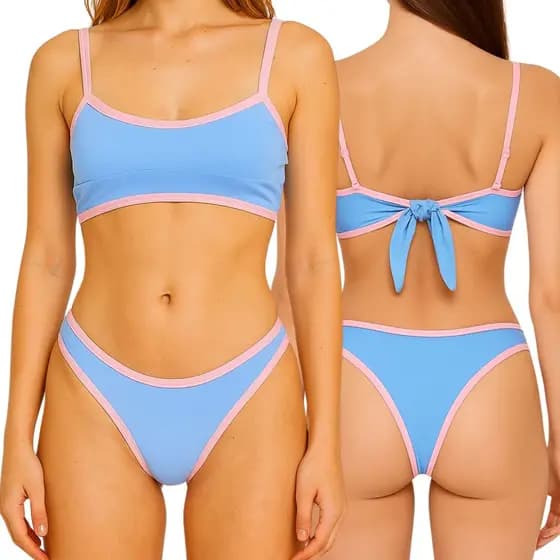 Conjunto biquíni top reto bicolor com calcinha asa delta fio dental tecido poliamida.