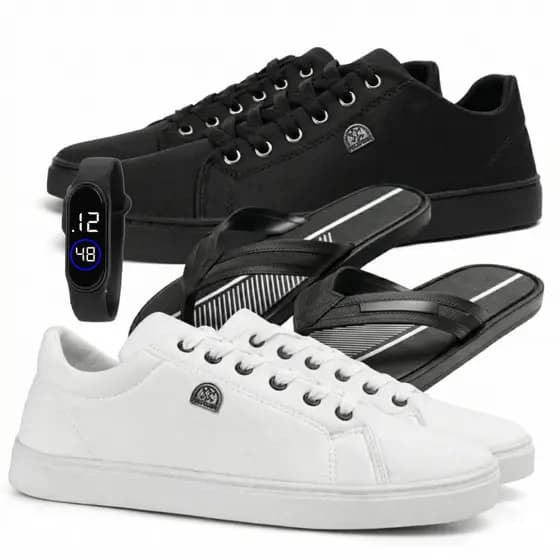 Combo Essencial 2 Sapatênis + Chinelo + Relógio Digital Troque Seu Visual Todos os Dias Conforto Leve e Economia de Verd