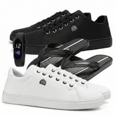 Combo Essencial 2 Sapatênis + Chinelo + Relógio Digital Troque Seu Visual Todos os Dias Conforto Leve e Economia de Verd