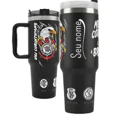 Copão Térmico Personalizado Corinthians Com Nome Canudo Parede Dupla Garrrafa