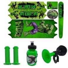 Kit Bicicleta Infantil Buzina Manopla Garrafa Adesivo Hulk Verde Aro 14/16/20 Bruce Banner
