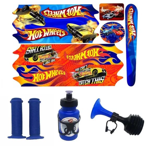 Kit Bike Infantil Buzina Manopla Garrafa Adesivo Hot Wheels Carros Velozes Aro 16