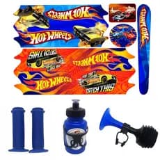 Kit Bike Infantil Buzina Manopla Garrafa Adesivo Hot Wheels Carros Velozes Aro 16
