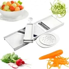 Fatiador Ralador de Legumes 4EM1 Dupla Face Mandolin Cortador Descascador Boleador Aço Inox Plástico