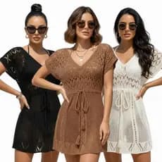 Vestido Saídas de Praia Vestido Tricot Curto Regulagem Moda Praia Verão