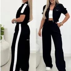 Conjunto Feminino Jaqueta Manga Curta e Calça Pantalona Duas Cores