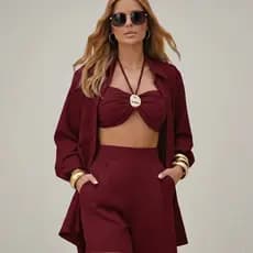 Conjunto Feminino 3 Peças em Linho Camisa Shorts e Top Elegante