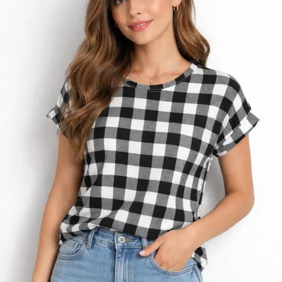 Blusa Feminina Xadrez Manga Curta Casual Confortável Moda Outono Inverno