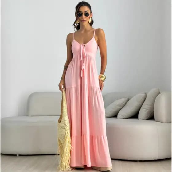 Vestido Longo Feminino Alcinha Pompom Viscolinho Babados Verão Elegante