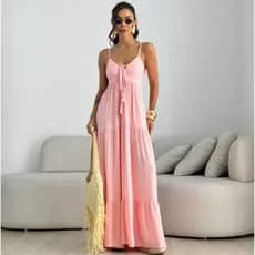 Vestido Longo Feminino Alcinha Pompom Viscolinho Babados Verão Elegante