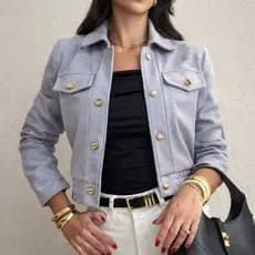 Jaqueta Feminina Lã Batida Bomber Manga Longa com Botões Elegante