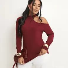 Blusa Feminino Manga Longa Decote Assimétrico Gola alta viscolycra