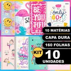 Kit 10 Cadernos 10 Matérias Capa Dura Grande Espiral Menina Material Escolar Faculdade Escola Curso