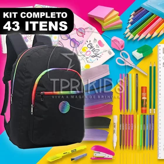 Kit Material Escolar Completo Mochila Menina Preta Ensino Fundamental Estojo Caderno Faculdade Top