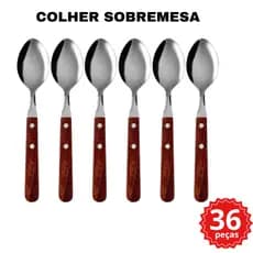 Conjunto Colher de Sobremesa Cabo Madeira em Aço Inox