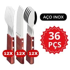 Kit 36 Peças Talher Cabo Madeira Aço Inox Premium 12 Facas 12 Garfos 12 Colheres Armário Cozinha
