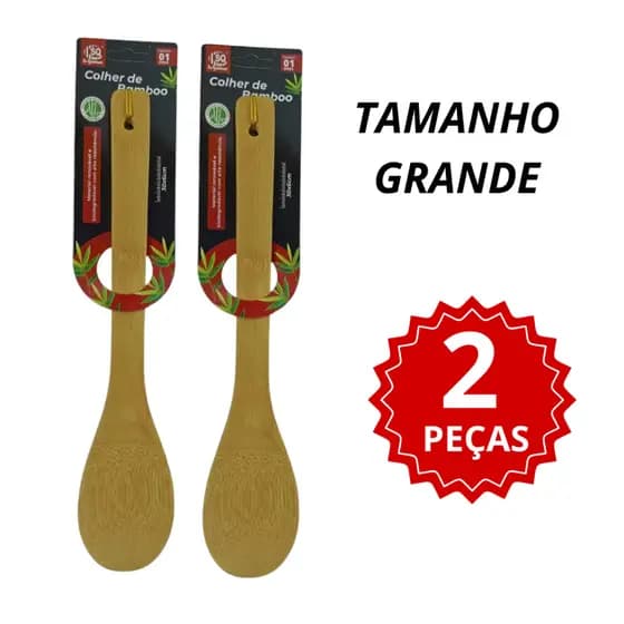 Kit 2 Colher Bambu Cozinhar Madeira Natural Grande Comida 30cm Cozinha Gourmet Cabo Longo