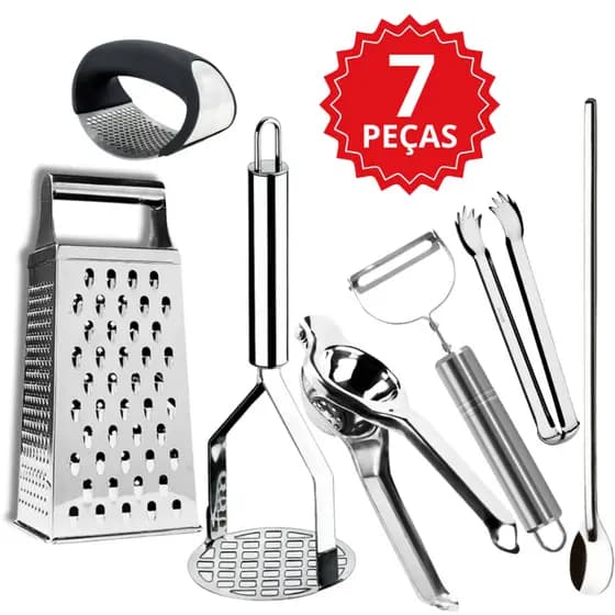 Kit 7 Utensilios Ralador + Amassador de Batata+ Alho + Espremedor de Limão+ Descascador Legumes+ Pegador + Colher Suco