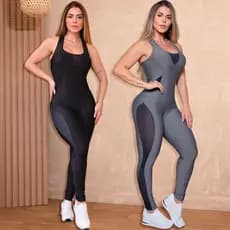 Macacão Fitness Feminino Com Decotes Em Tela e Bojo Zero Transparência Para Treinar Academia Premium