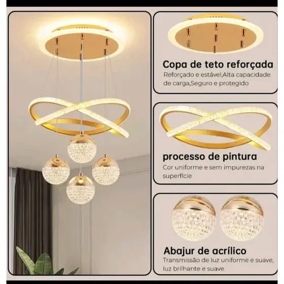 Lustre de Teto LED com Cristal Acrílico, 3 Cores e Design Escandinavo