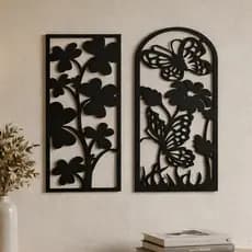 Quadro Decorativo Duplo Vazado Floral Jardim Com Borboletas Em MDF