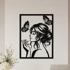 Quadro Decorativo Vazado Mulher Borboletas MDF Escultura de Parede MDF Preto