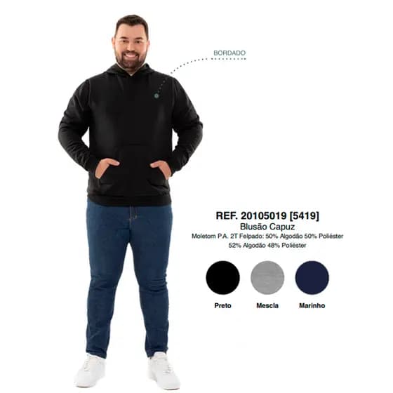 Blusa Moletom Slim Básico Plus Size com Capuz Canguru Algodão G1 AO G3